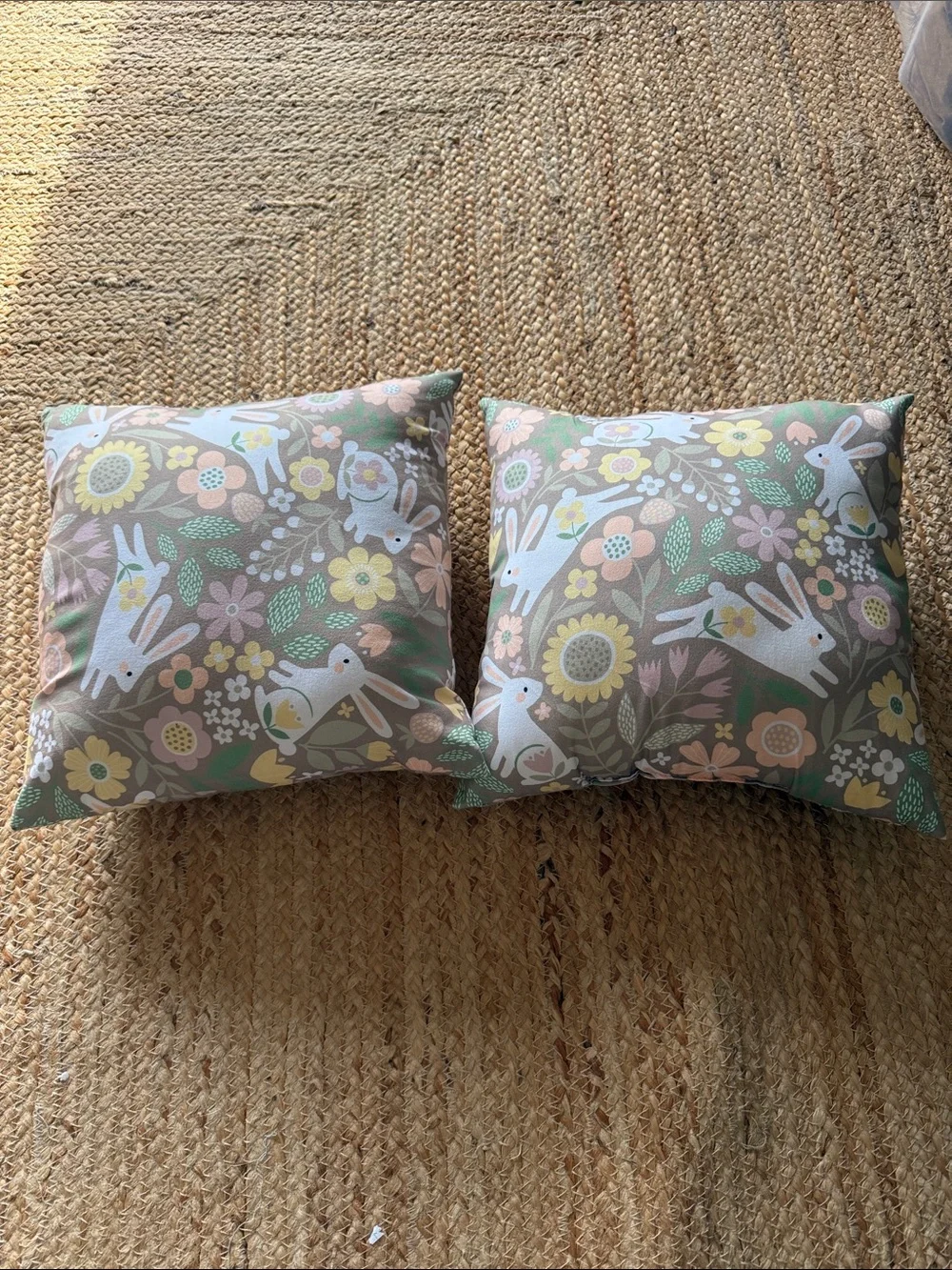 2 Decorative Bunny Floral Throw Pillow Cover - Sage & Pastel 11x11
